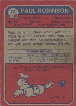 1973 Topps #73 - Paul Robinson - Houston Oilers - Back