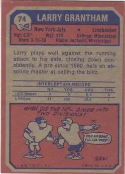 1973 Topps #74 - Larry Grantham - New York Jets - Back