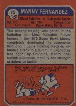 1973 Topps #75 - Manny Fernandez - Miami Dolphins - Back