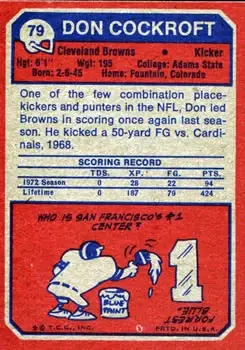 1973 Topps #79 - Don Cockroft - Cleveland Browns - Back