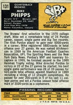 1971 Topps #131 - Mike Phipps - Cleveland Browns - Back