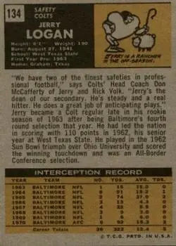 1971 Topps #134 - Jerry Logan - Baltimore Colts 1971 Topps #134 - Jerry Logan - Baltimore Colts