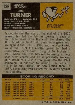 1971 Topps #136 - Jim Turner - Denver Broncos - Back