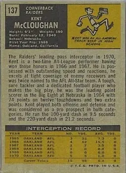 1971 Topps #137 - Kent McCloughan - Oakland Raiders - Back