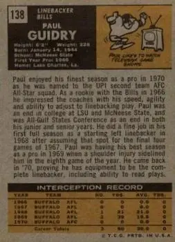 1971 Topps #138 - Paul Guidry - Buffalo Bills - Back