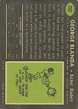 1969 Topps #232 - George Blanda - Oakland Raiders - Back