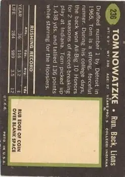 1969 Topps #236 - Tom Nowatzke - Detroit Lions - Back 1969 Topps #236 - Tom Nowatzke - Detroit Lions - Back