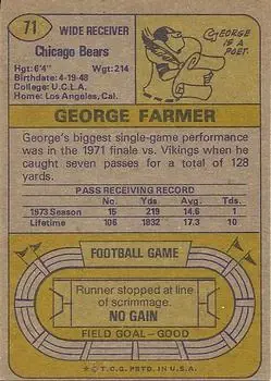 1974 Topps #71 - George Farmer - Chicago Bears - Back