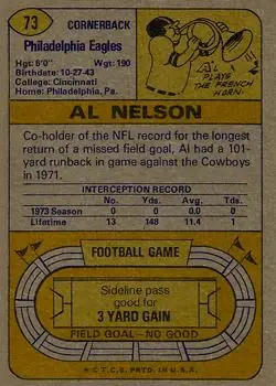 1974 Topps #73 - Al Nelson - Philadelphia Eagles - Back