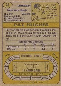 1974 Topps #74 - Pat Hughes - New York Giants - Back