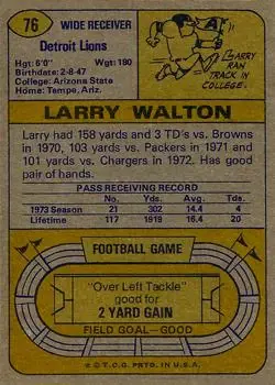 1974 Topps #76 - Larry Walton - Detroit Lions - Back