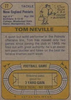 1974 Topps #77 - Tom Neville - New England Patriots - Back