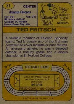 1974 Topps #81 - Ted Fritsch - Atlanta Falcons - Back 1974 Topps #81 - Ted Fritsch - Atlanta Falcons - Back