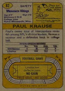 1974 Topps #82 - Paul Krause - Minnesota Vikings - Back