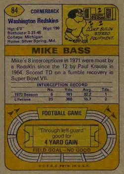 1974 Topps #84 - Mike Bass - Washington Redskins - Back