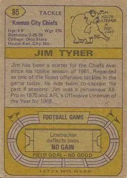 1974 Topps #85 - Jim Tyrer - Kansas City Chiefs - Back 1974 Topps #85 - Jim Tyrer - Kansas City Chiefs - Back