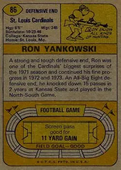 1974 Topps #86 - Ron Yankowski - St. Louis Cardinals - Back 1974 Topps #86 - Ron Yankowski - St. Louis Cardinals - Back