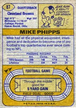 1974 Topps #87 - Mike Phipps - Cleveland Browns - Back