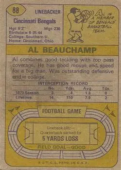 1974 Topps #88 - Al Beauchamp - Cincinnati Bengals - Back 1974 Topps #88 - Al Beauchamp - Cincinnati Bengals - Back
