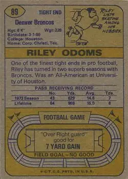 1974 Topps #89 - Riley Odoms - Denver Broncos - Back