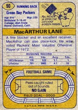 1974 Topps #90 - MacArthur Lane - Green Bay Packers - Back