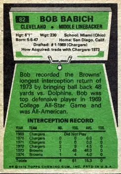1975 Topps #82 - Bob Babich - Cleveland Browns - Back 1975 Topps #82 - Bob Babich - Cleveland Browns - Back