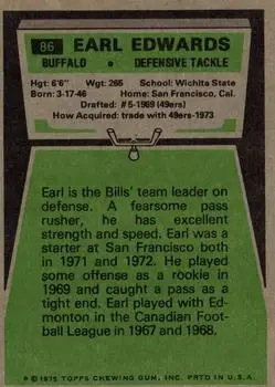 1975 Topps #86 - Earl Edwards - Buffalo Bills - Back