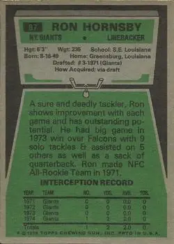 1975 Topps #87 - Ronnie Hornsby - New York Giants - Back