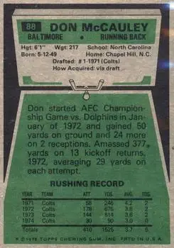 1975 Topps #88 - Don McCauley - Baltimore Colts - Back
