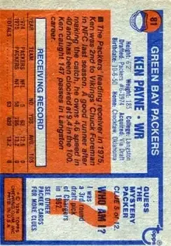 1976 Topps #81 - Ken Payne - Green Bay Packers - Back