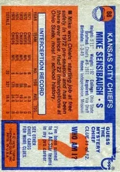 1976 Topps #86 - Mike Sensibaugh - Kansas City Chiefs - Back