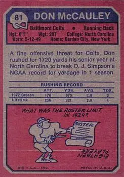 1973 Topps #81 - Don McCauley - Baltimore Colts - Back