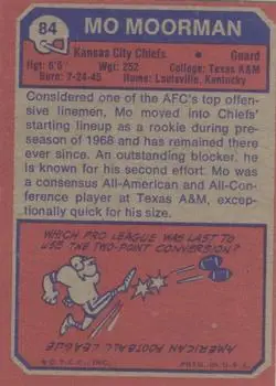 1973 Topps #84 - Mo Moorman - Kansas City Chiefs - Back