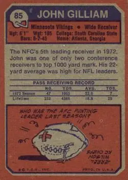 1973 Topps #85 - John Gilliam - Minnesota Vikings - Back