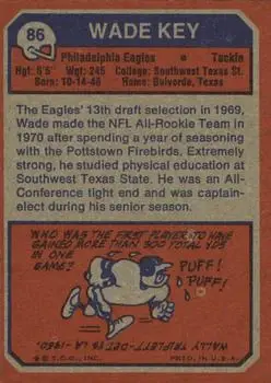 1973 Topps #86 - Wade Key - Philadelphia Eagles - Back