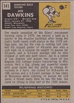 1971 Topps #141 - Joe Dawkins - Houston Oilers - Back
