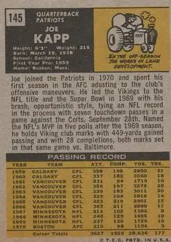 1971 Topps #145 - Joe Kapp - New England Patriots - Back