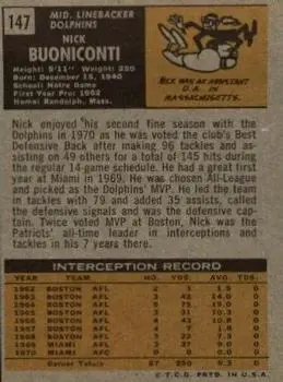 1971 Topps #147 - Nick Buoniconti - Miami Dolphins