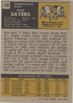 1971 Topps #150 - Gale Sayers - Chicago Bears - Back 1971 Topps #150 - Gale Sayers - Chicago Bears - Back