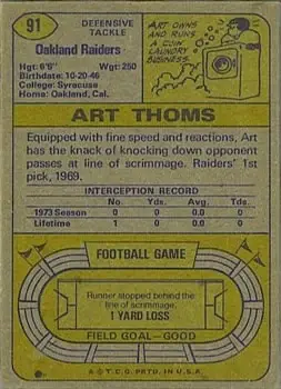 1974 Topps #91 - Art Thoms - Oakland Raiders - Back
