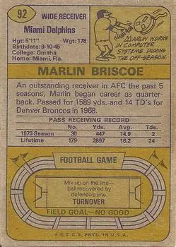 1974 Topps #92 - Marlin Briscoe - Miami Dolphins - Back 1974 Topps #92 - Marlin Briscoe - Miami Dolphins - Back