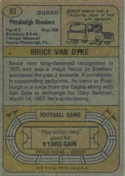 1974 Topps #93 - Bruce Van Dyke - Pittsburgh Steelers - Back