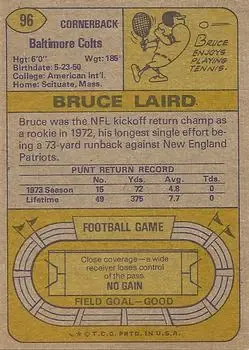 1974 Topps #96 - Bruce Laird - Baltimore Colts - Back