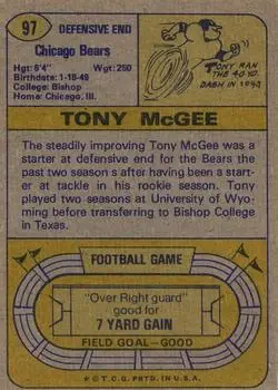 1974 Topps #97 - Tony McGee - Chicago Bears - Back