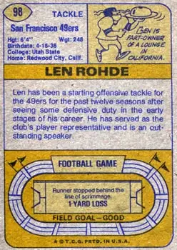 1974 Topps #98 - Len Rohde - San Francisco 49ers - Back 1974 Topps #98 - Len Rohde - San Francisco 49ers - Back