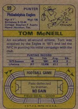 1974 Topps #99 - Tom McNeill - Philadelphia Eagles - Back