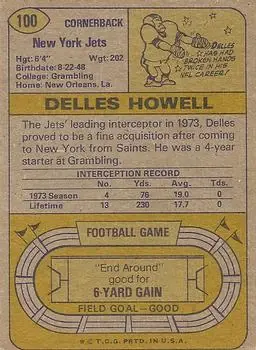 1974 Topps #100 - Delles Howell - New York Jets - Back