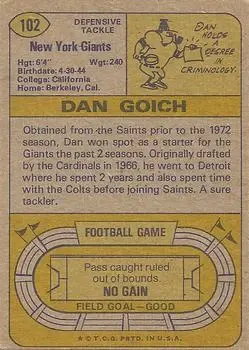 1974 Topps #102 - Dan Goich - New York Giants - Back
