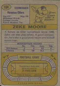 1974 Topps #104 - Zeke Moore - Houston Oilers - Back