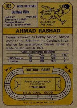 1974 Topps #105 - Ahmad Rashad - Buffalo Bills - Back